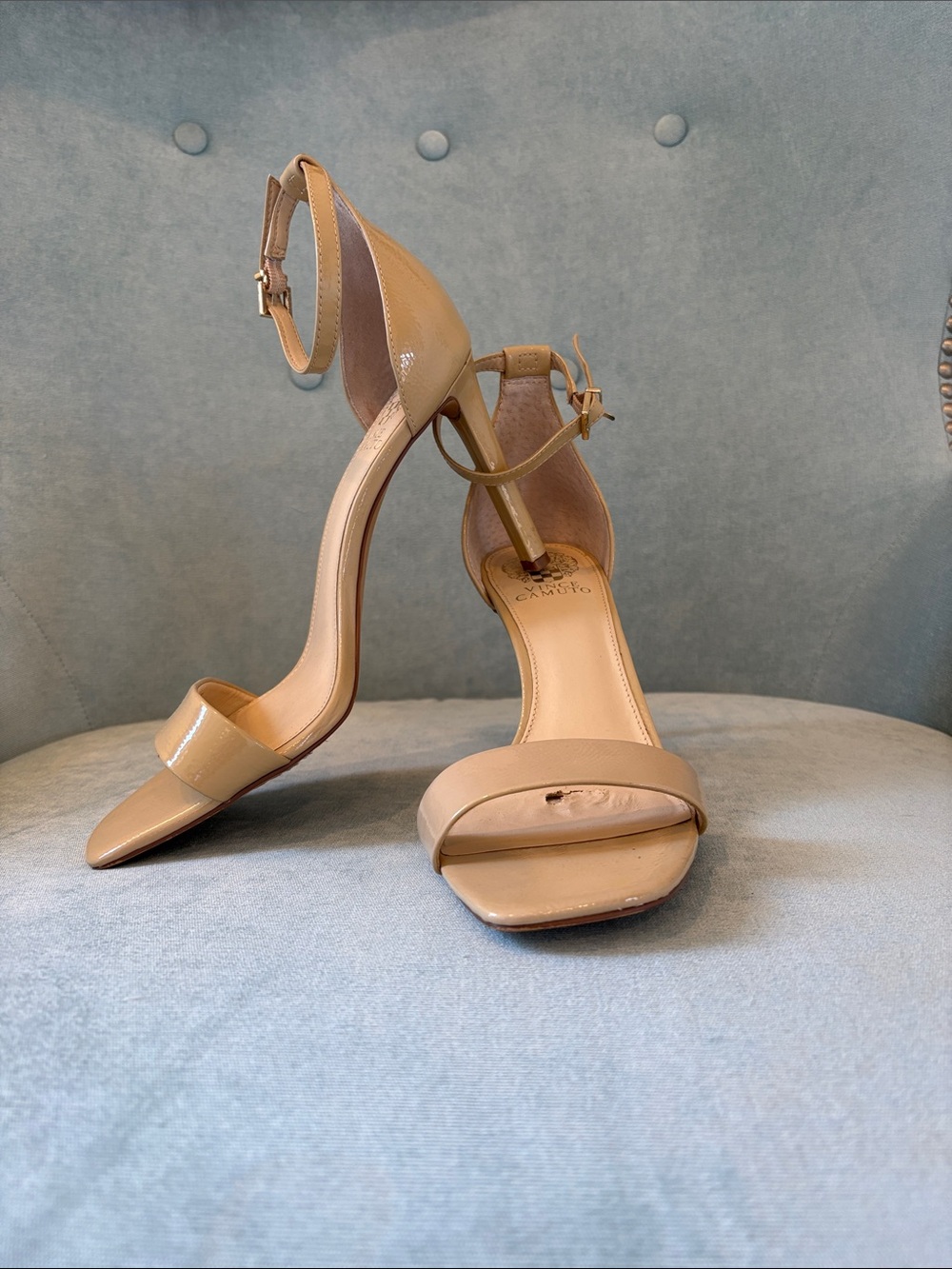 Vince Camuto Patent Leather Ankle-Strap Heels in Beige Nude size 10